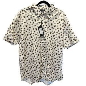 NWT Stitch Note Men's White Woven Button Down Cotton Print Shirt Short Sleeve 2X